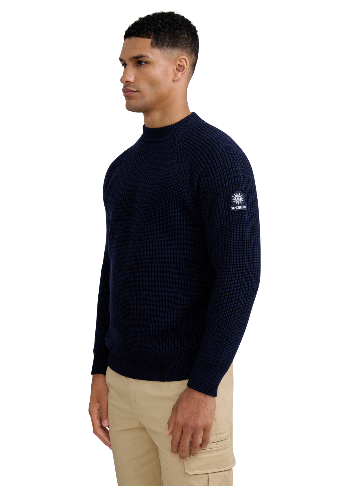 Merino Wool Ribbed Mock Neck Jumper - Navy