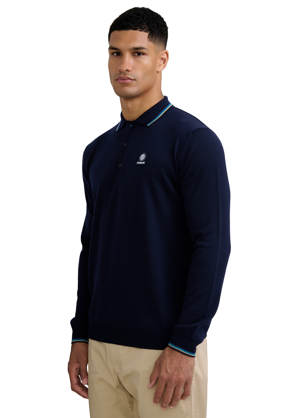 Fine Gauge Tipped Merino Wool Polo - Navy