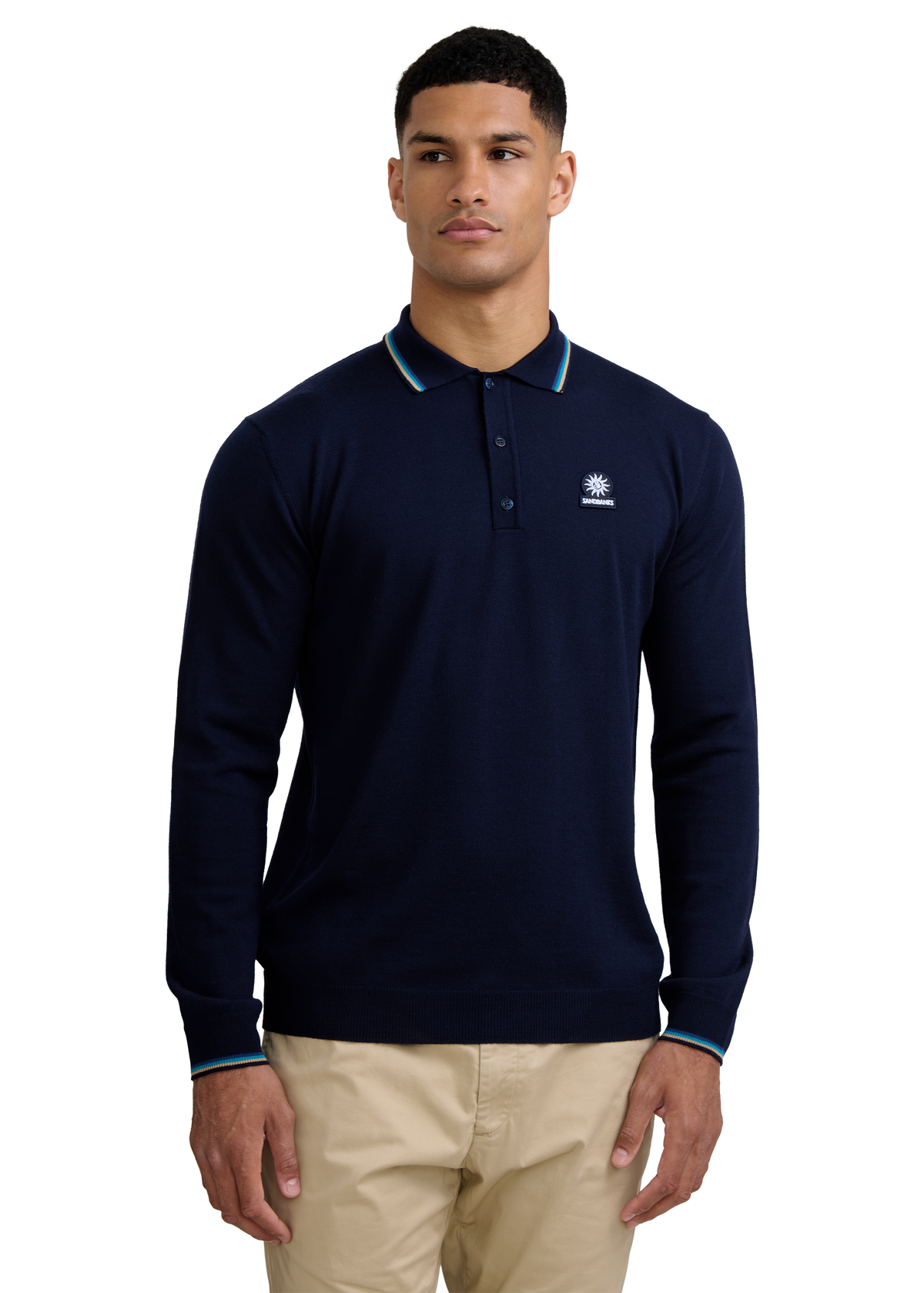 Fine Gauge Tipped Merino Wool Polo - Navy