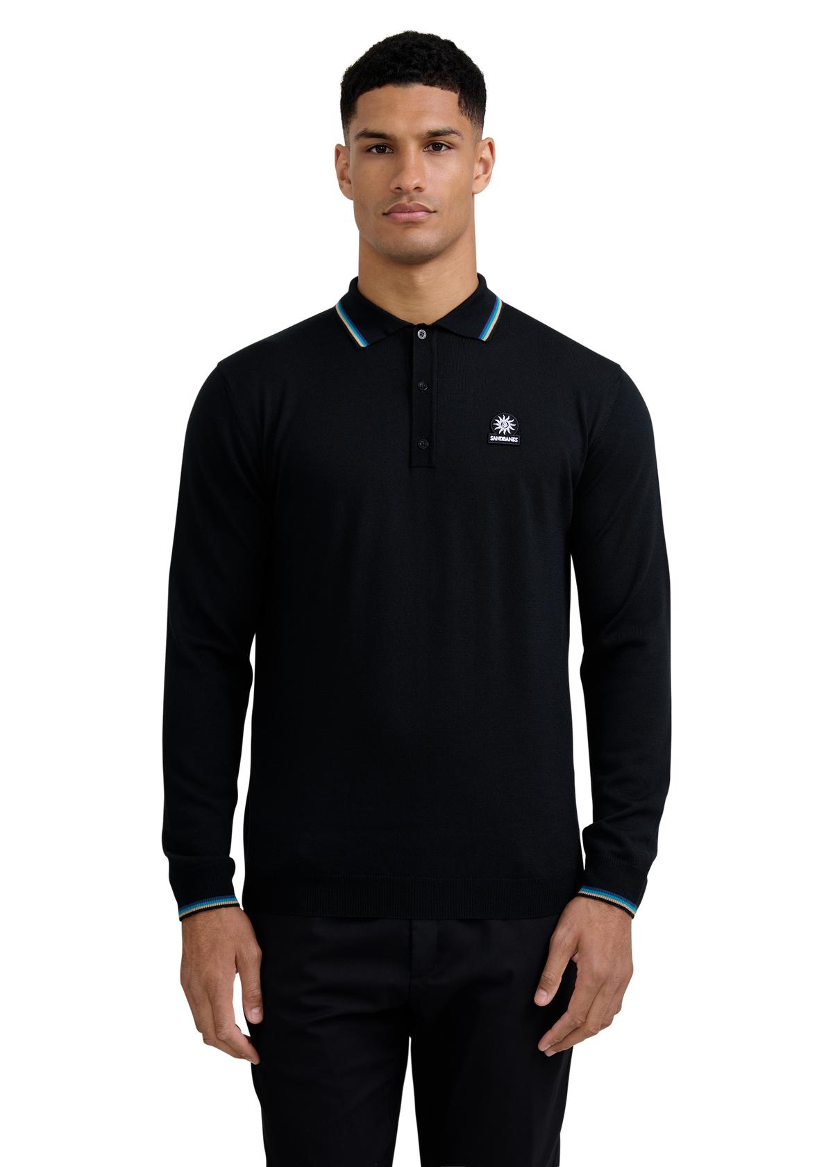 Fine Gauge Tipped Merino Wool Polo - Black