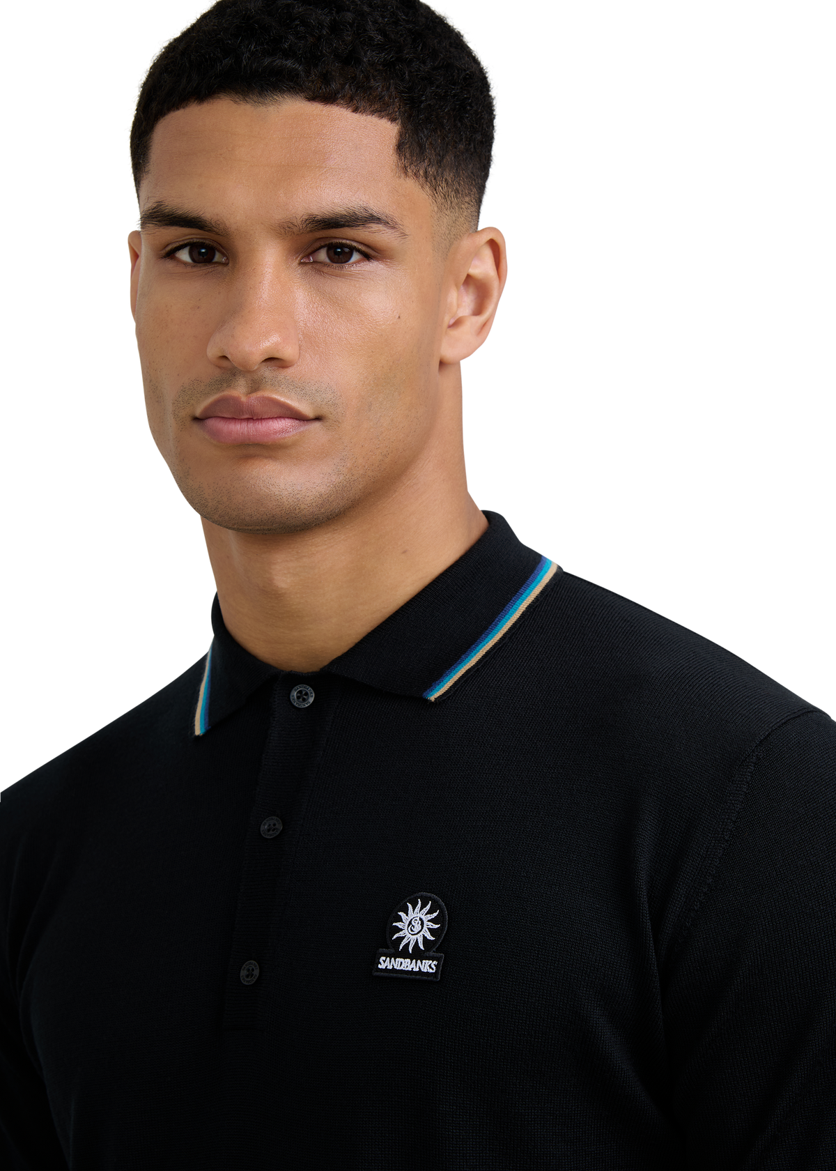 Fine Gauge Tipped Merino Wool Polo - Black