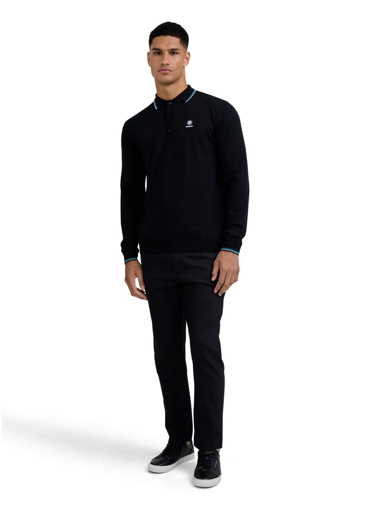 Fine Gauge Tipped Merino Wool Polo - Black