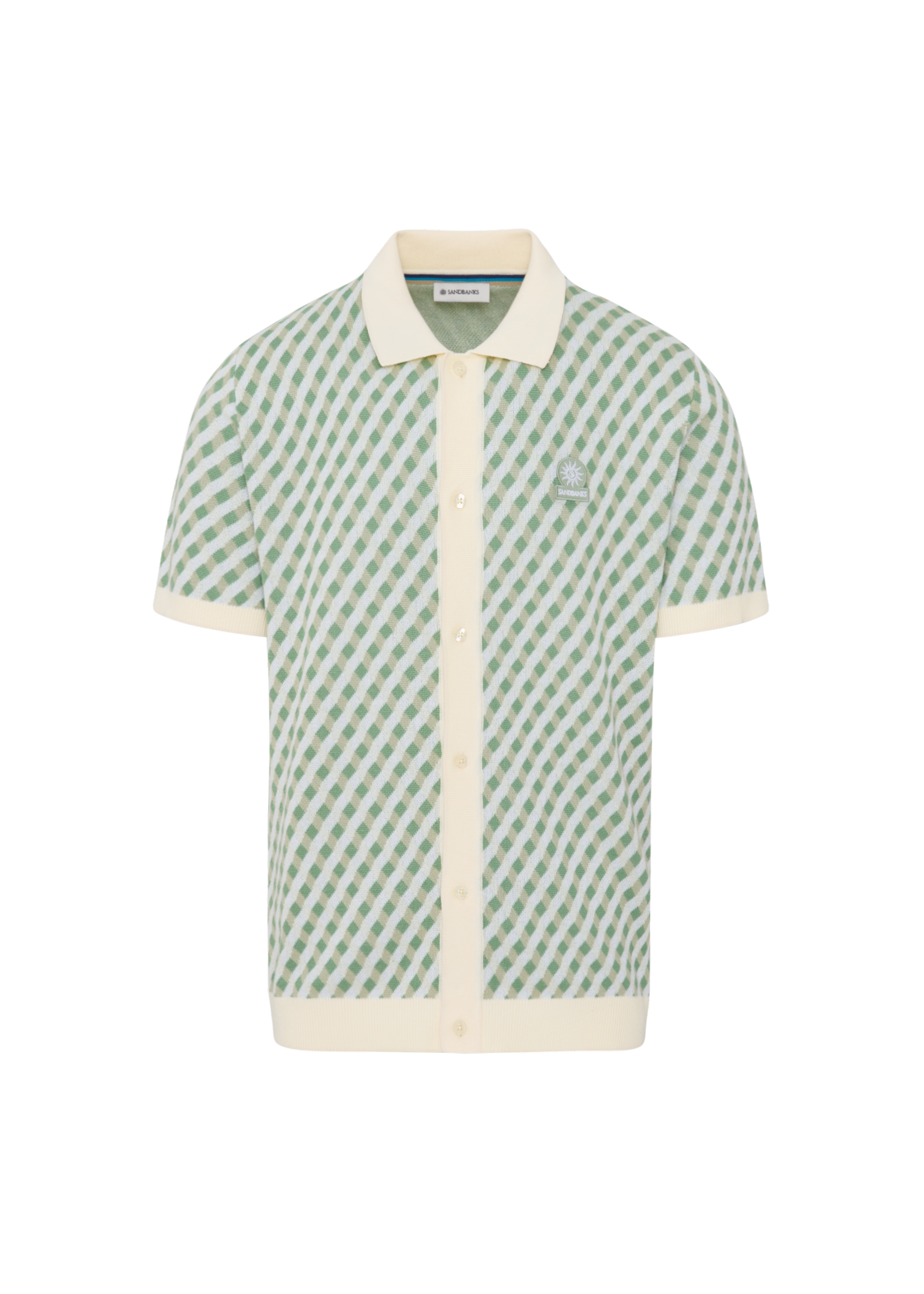 Sandbanks Geometric Knitted Full Button Polo Shirt - Sage