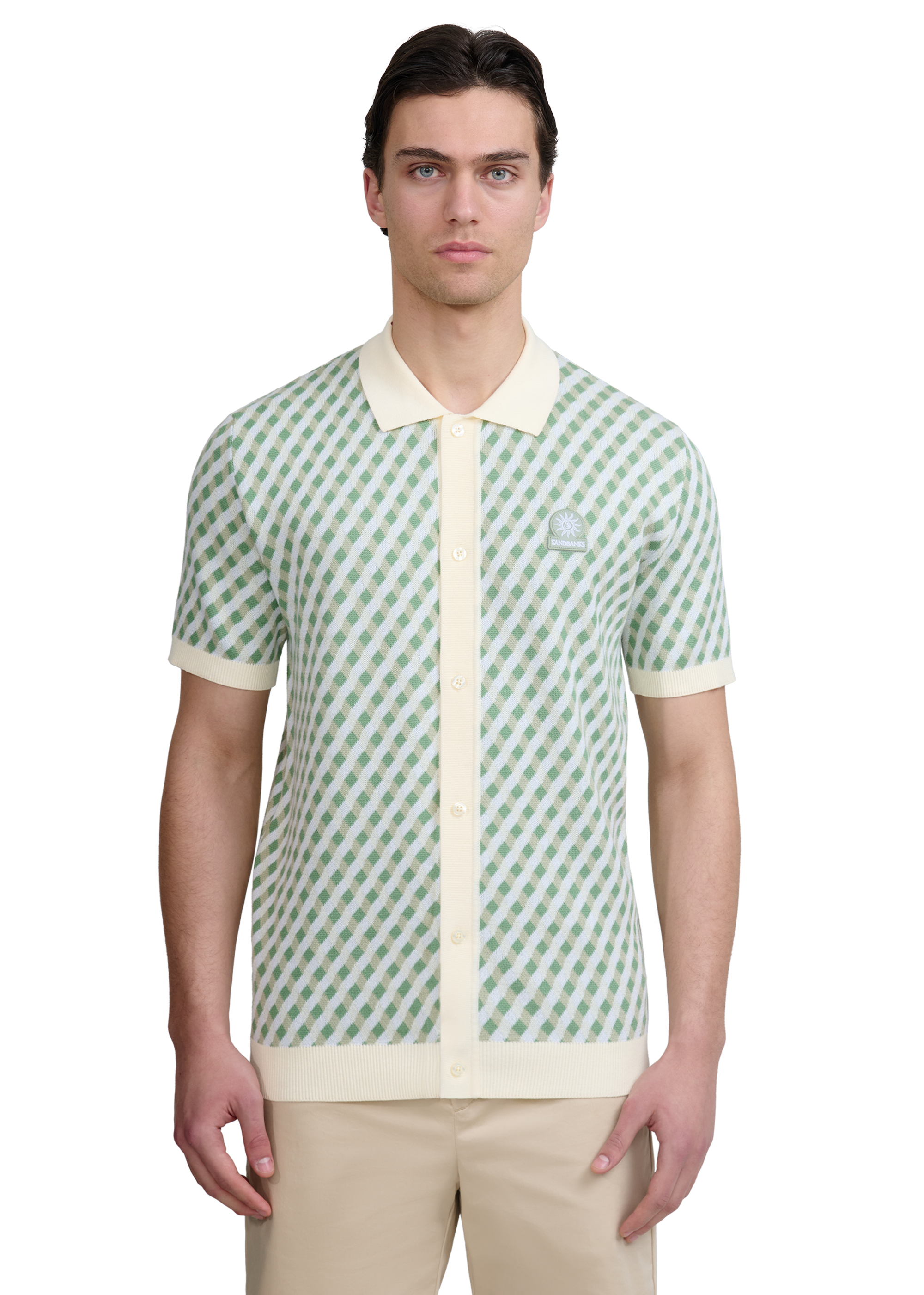 Sandbanks Geometric Knitted Full Button Polo Shirt - Sage
