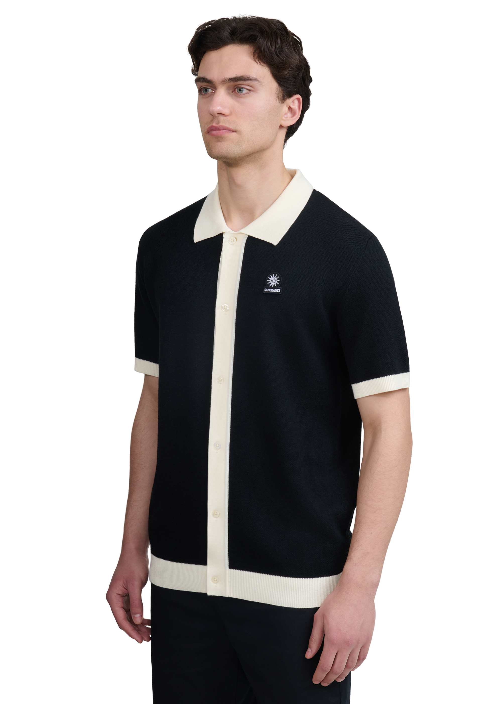 Sandbanks Knitted Full Button Polo Shirt - Black