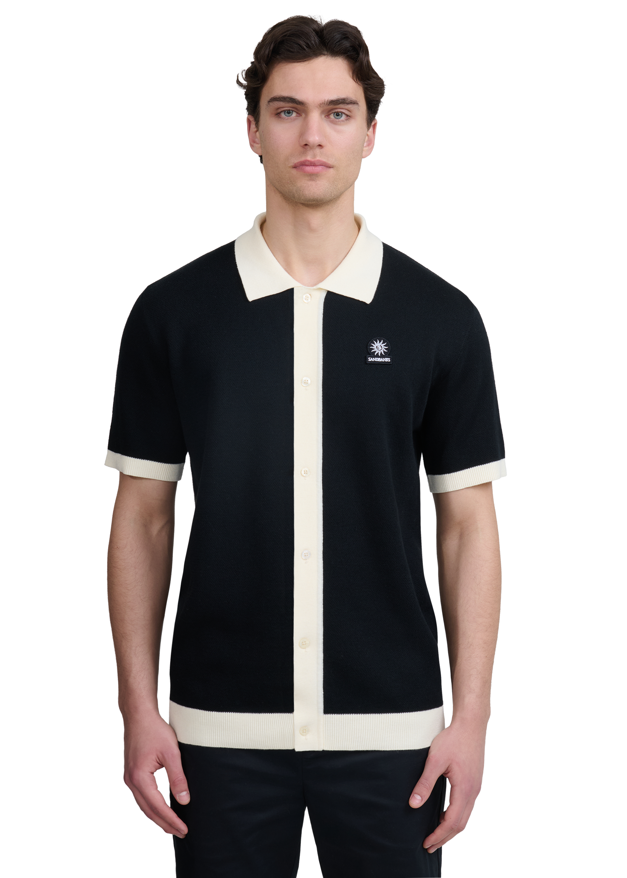 Sandbanks Knitted Full Button Polo Shirt - Black