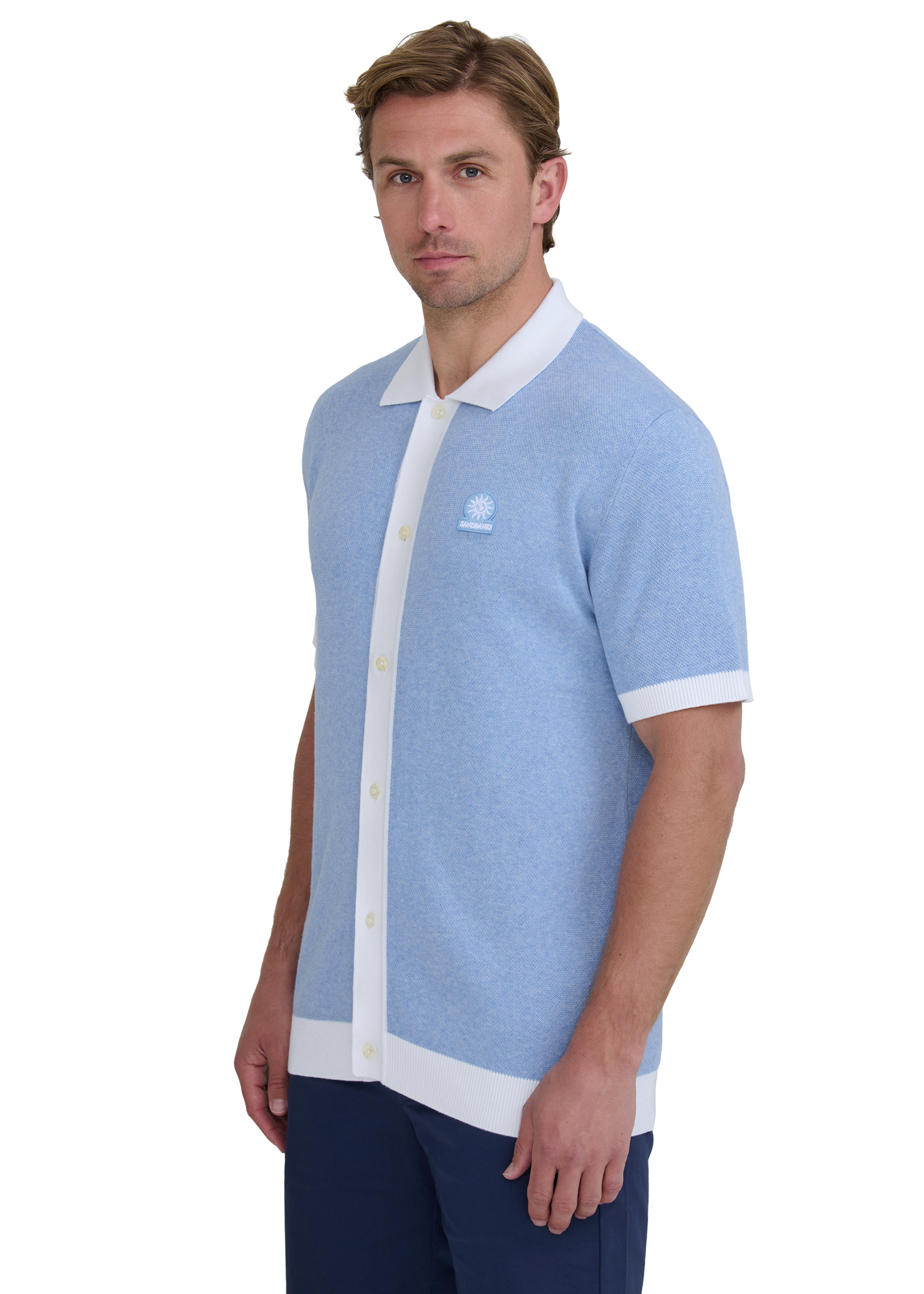 Sandbanks Knitted Full Button Polo Shirt - Dusty Blue