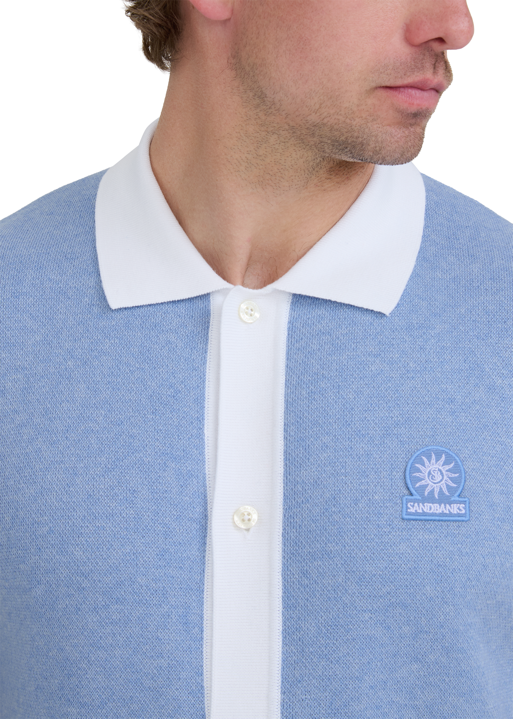 Sandbanks Knitted Full Button Polo Shirt - Dusty Blue