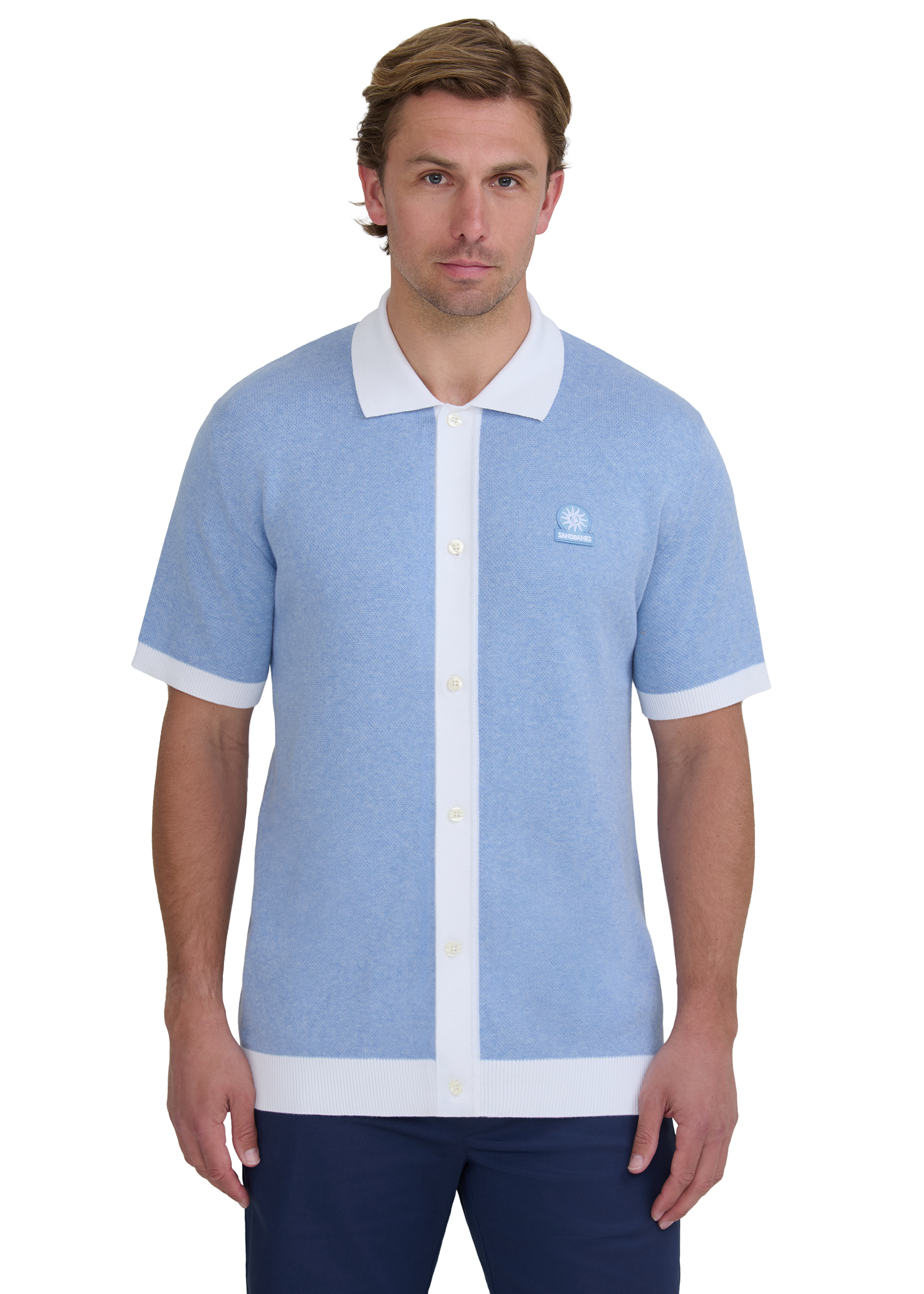 Sandbanks Knitted Full Button Polo Shirt - Dusty Blue