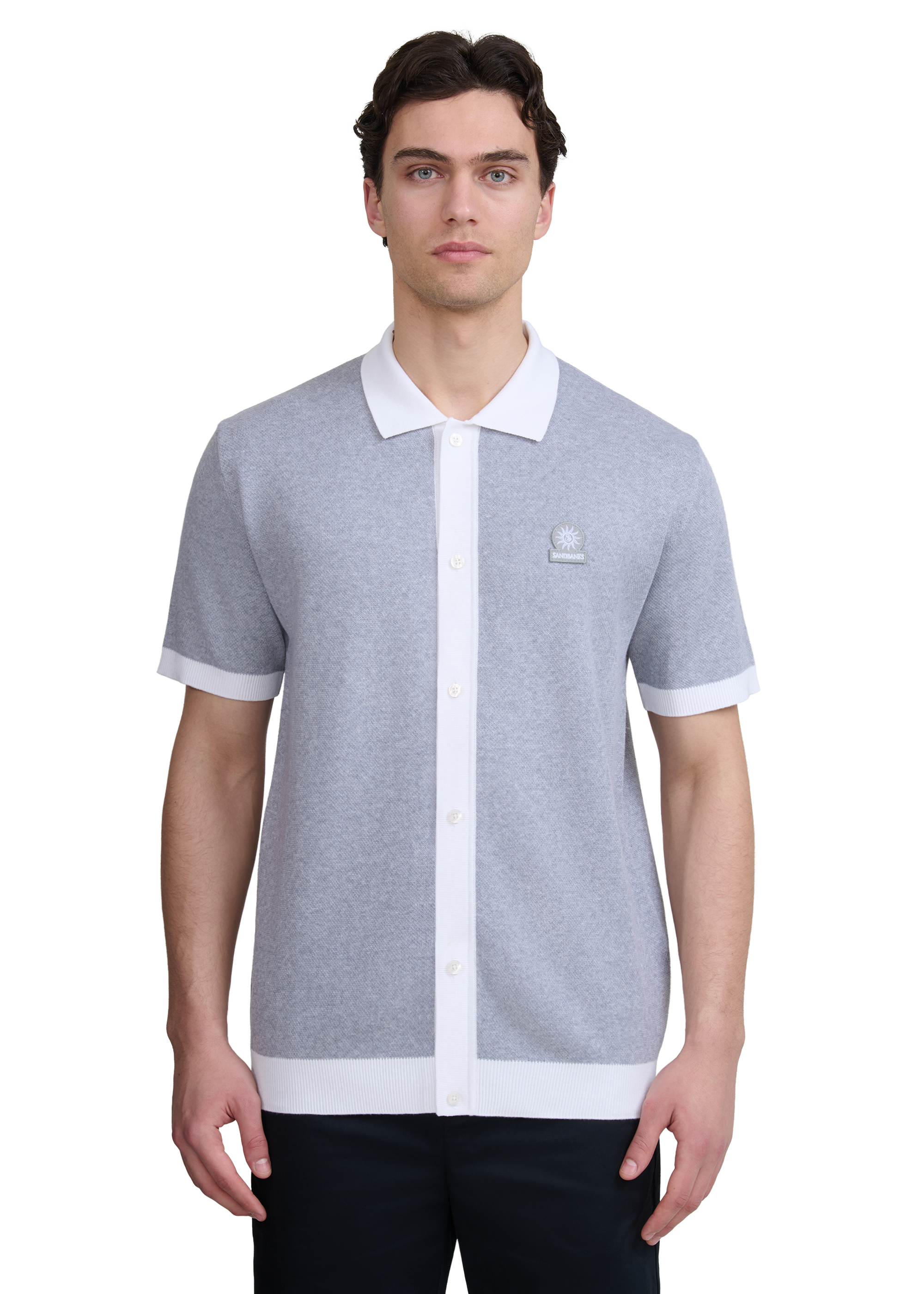Sandbanks Knitted Full Button Polo Shirt - Grey Marl