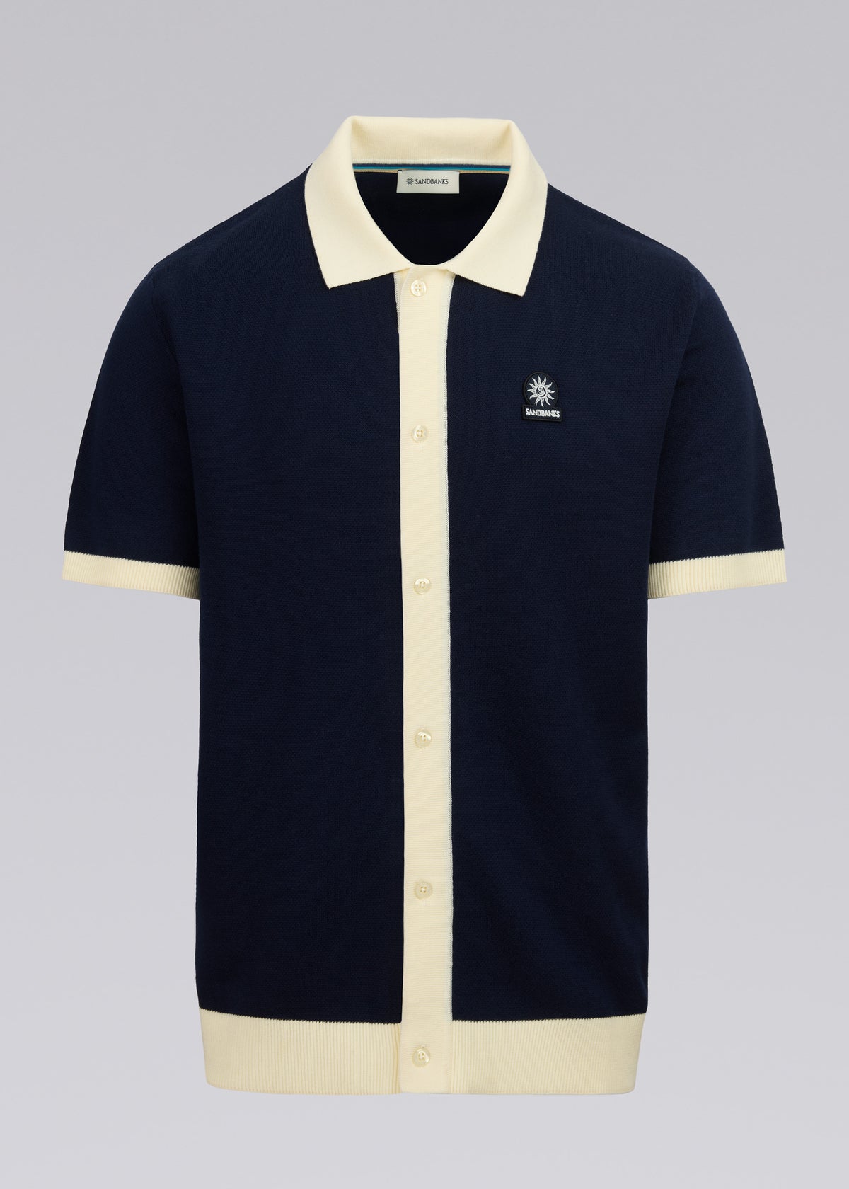 Sandbanks Knitted Full Button Polo Shirt - Navy