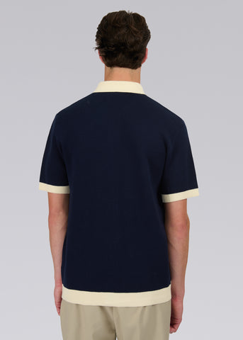 Sandbanks Knitted Full Button Polo Shirt - Navy