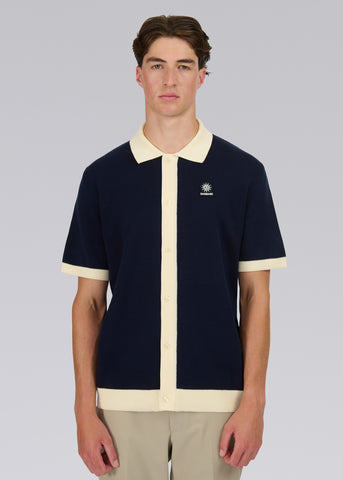 Sandbanks Knitted Full Button Polo Shirt - Navy