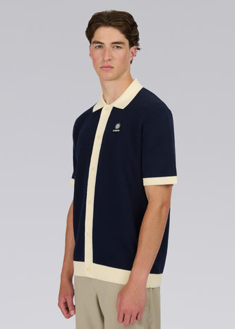 Sandbanks Knitted Full Button Polo Shirt - Navy