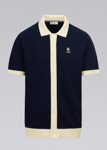 Sandbanks Knitted Full Button Polo Shirt - Navy