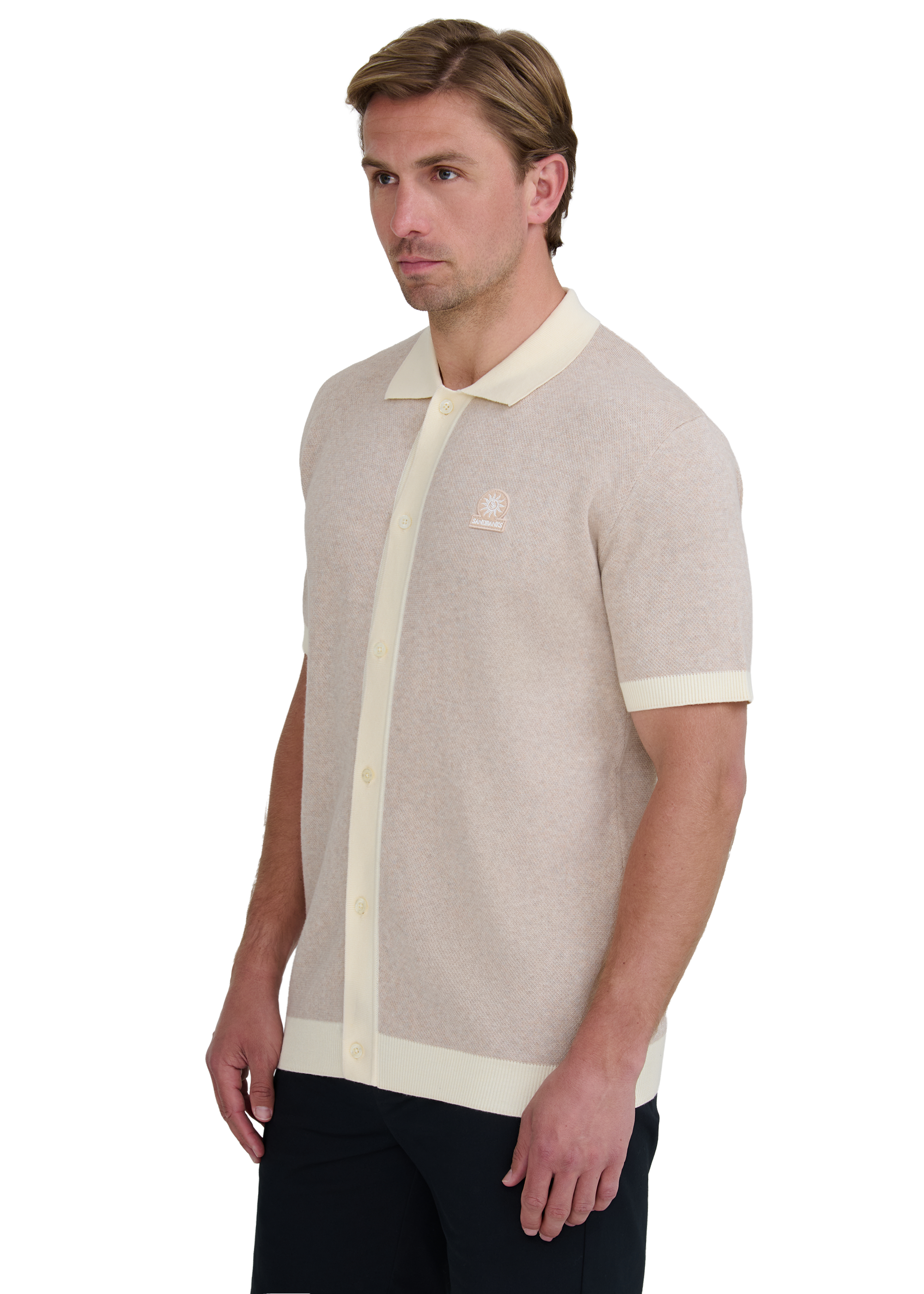 Sandbanks Knitted Full Button Polo Shirt - Oat