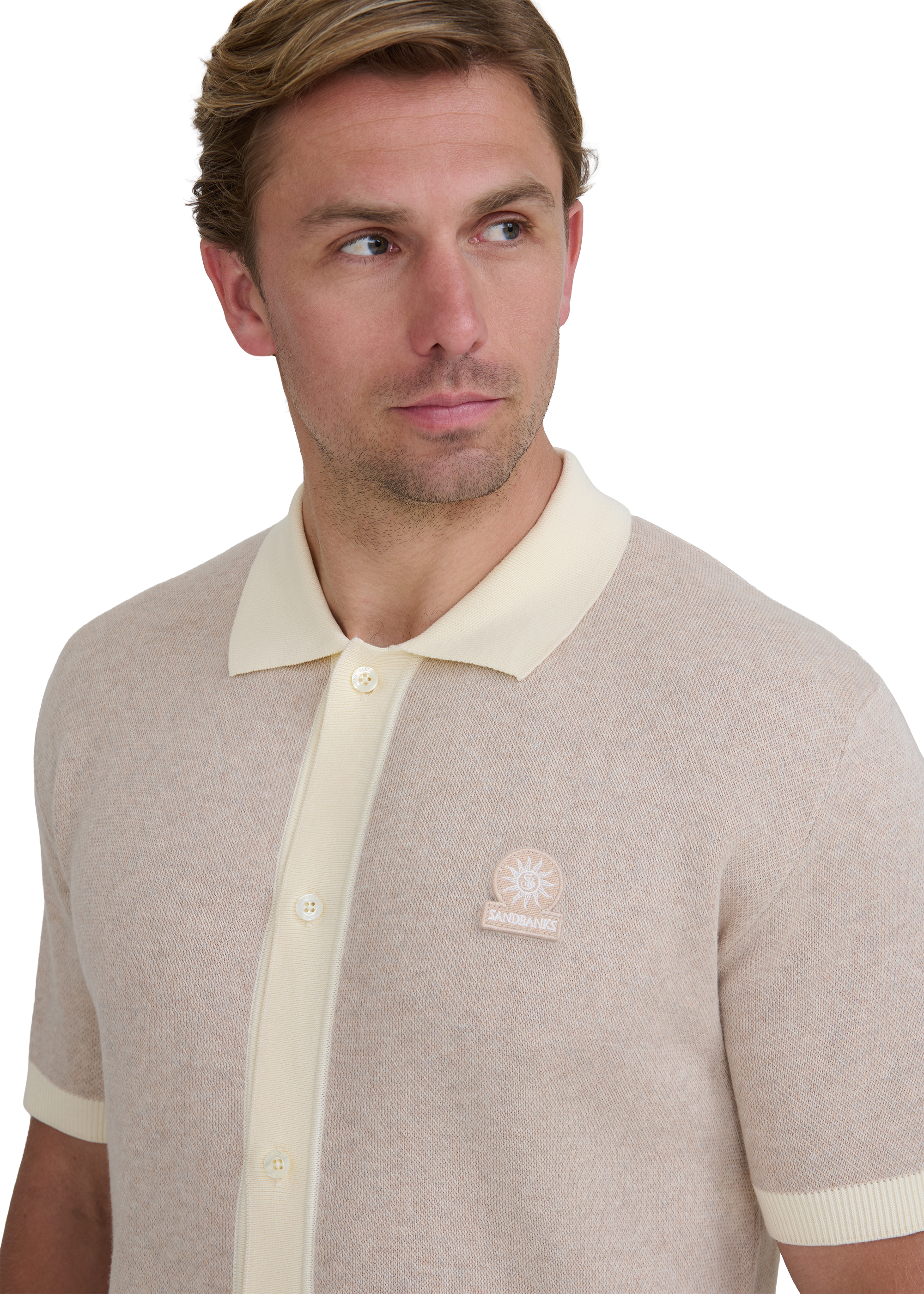 Sandbanks Knitted Full Button Polo Shirt - Oat