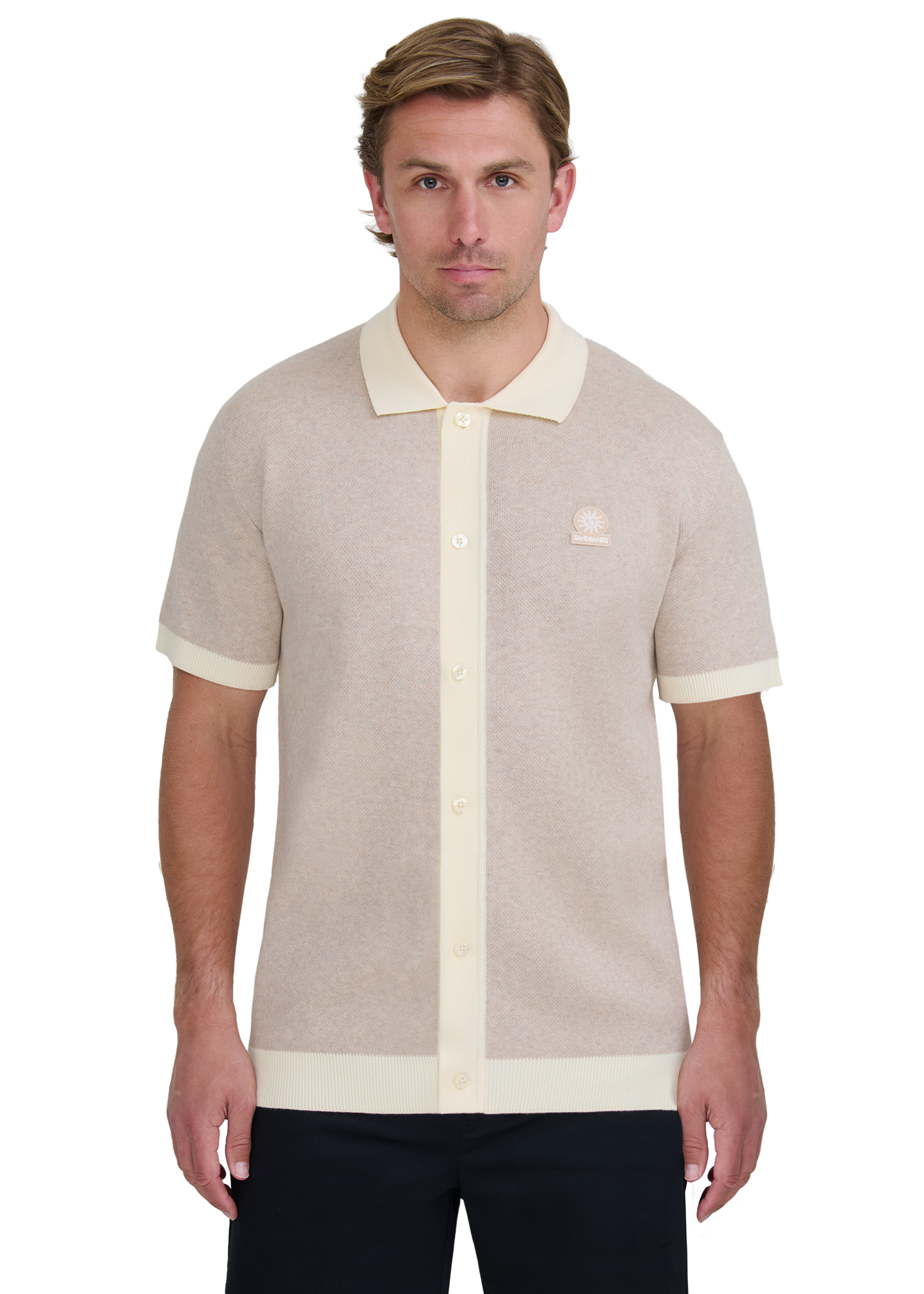 Sandbanks Knitted Full Button Polo Shirt - Oat
