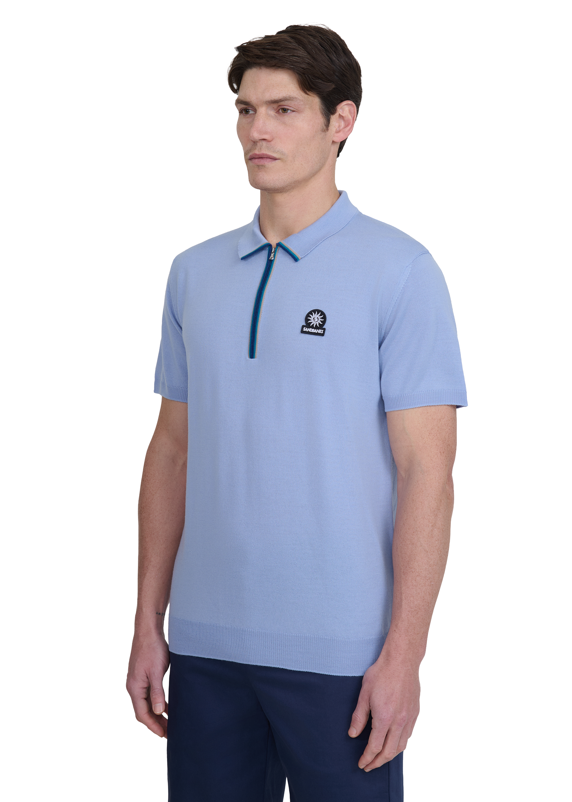 Sandbanks Merino Wool Zip Polo - Dusty Blue