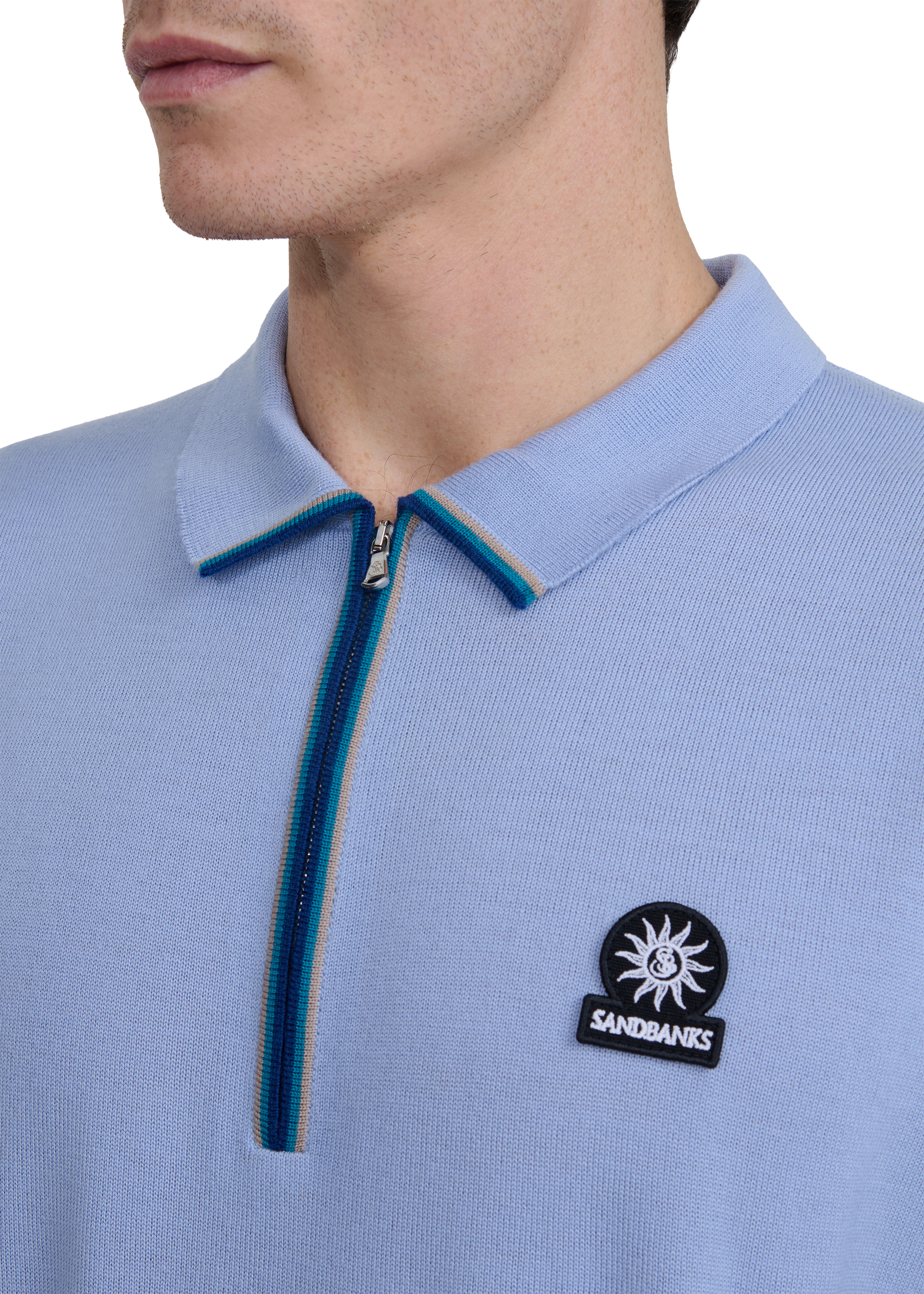 Sandbanks Merino Wool Zip Polo - Dusty Blue
