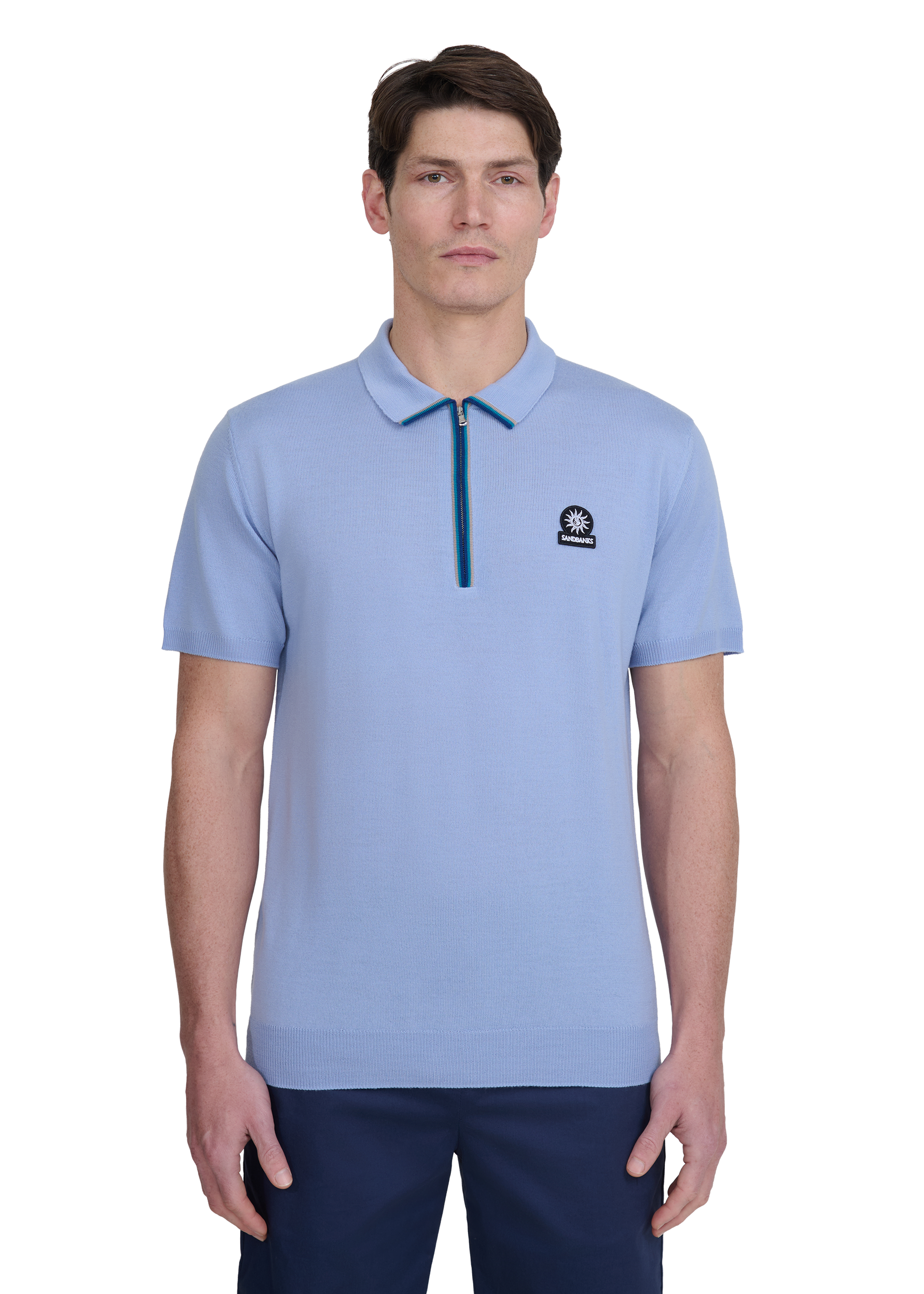 Sandbanks Merino Wool Zip Polo - Dusty Blue