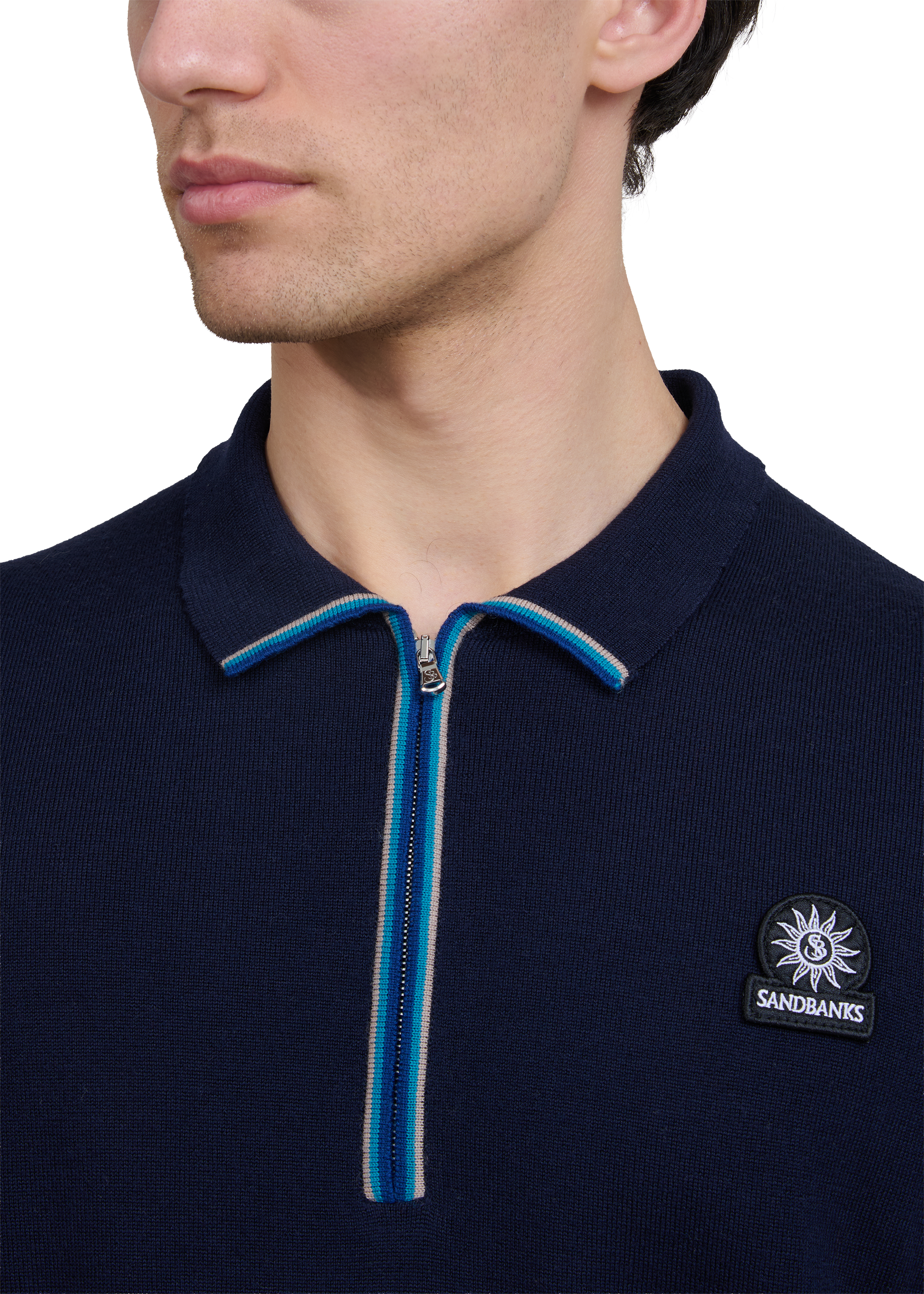 Sandbanks Merino Wool Zip Polo - Navy