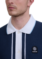 Button-Up Knitted Polo Shirt - Navy/White