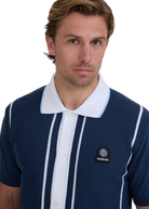 Button-Up Knitted Polo Shirt - Navy/White