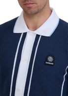 Button-Up Knitted Polo Shirt - Navy/White