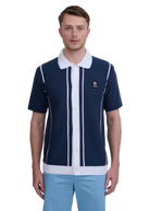 Button-Up Knitted Polo Shirt - Navy/White