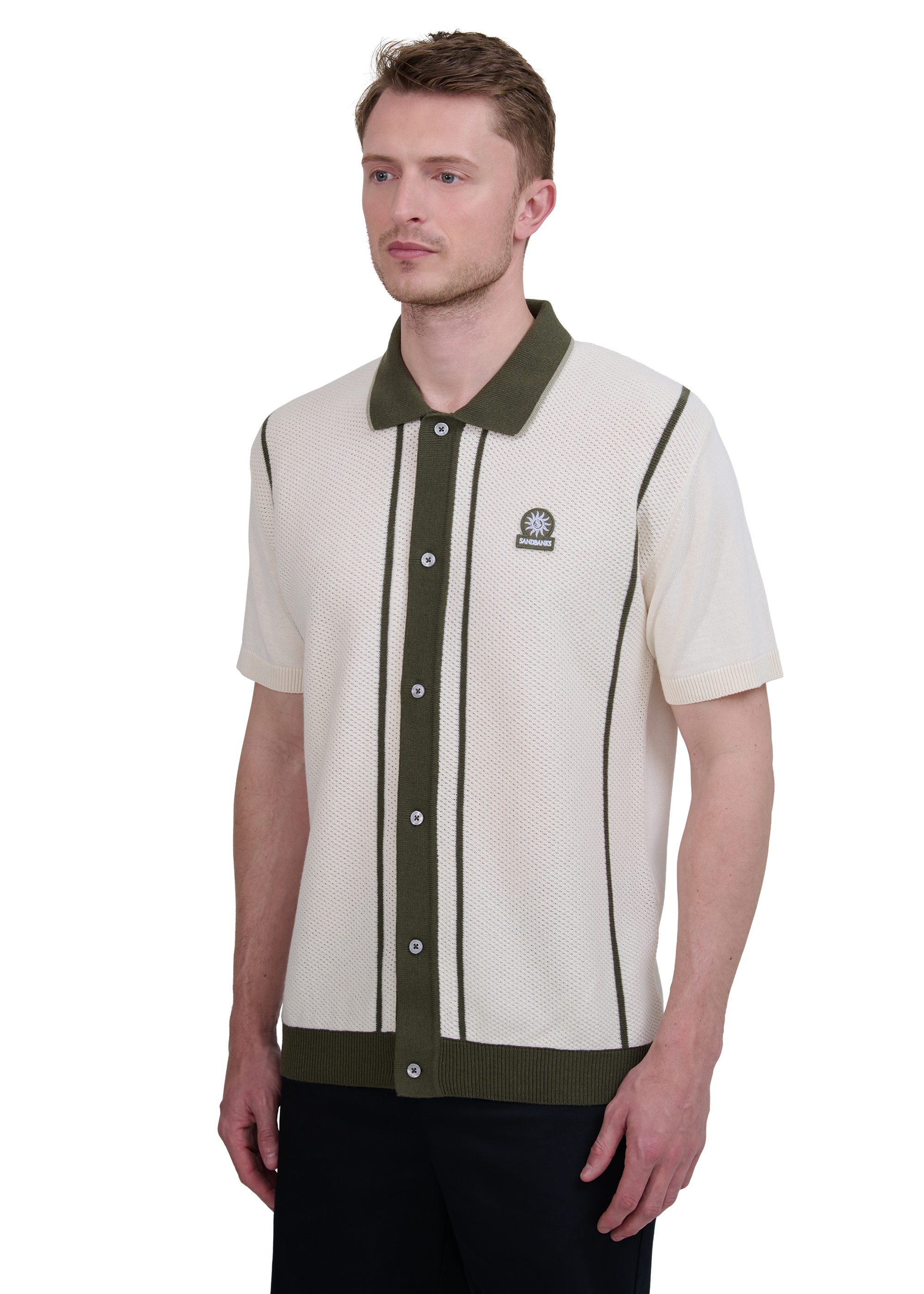 Button-Up Knitted Polo Shirt - Ecru/Olive