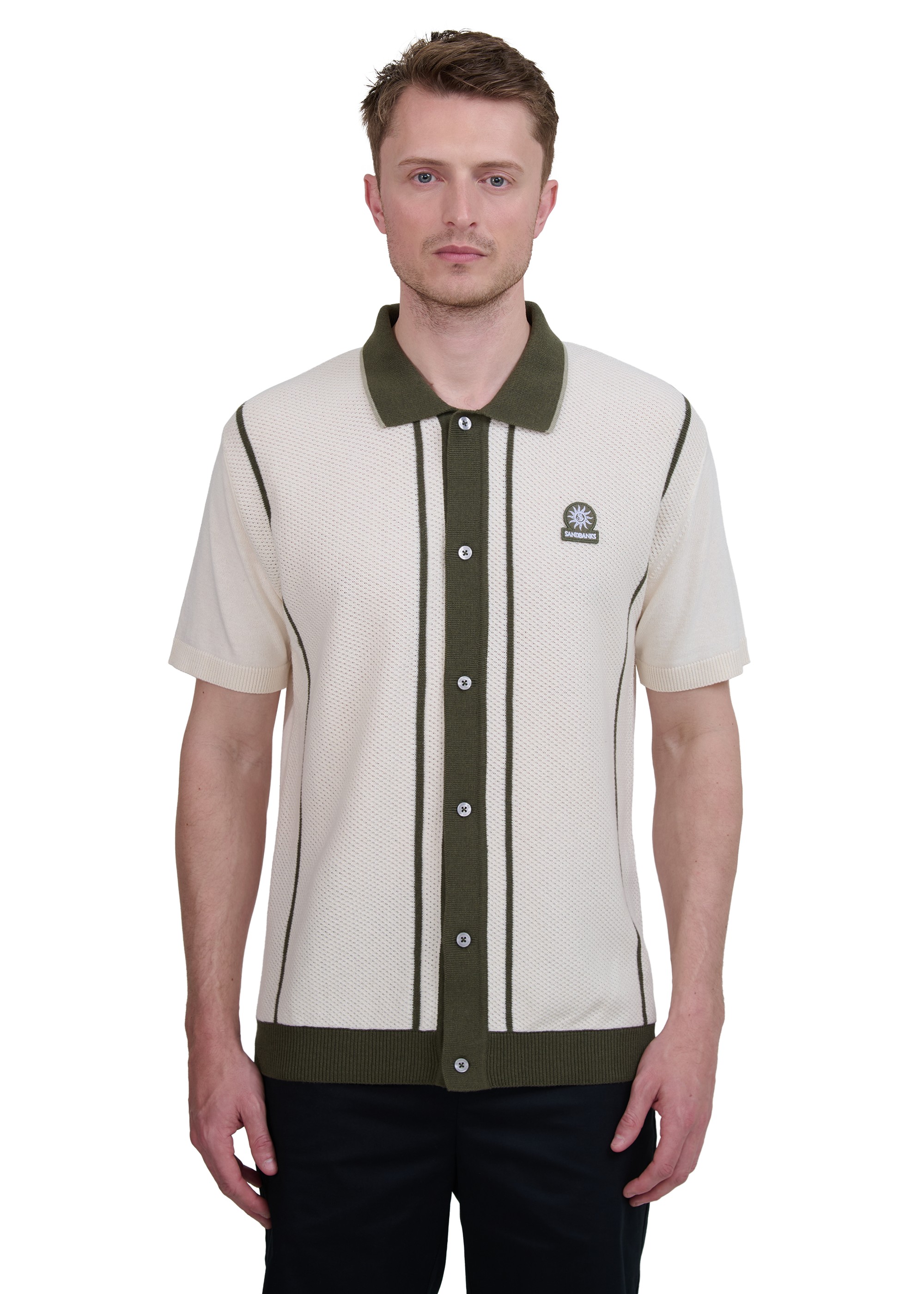 Button-Up Knitted Polo Shirt - Ecru/Olive