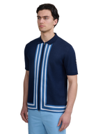 Stripe Zip Knitted Polo Shirt - Navy