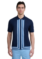 Stripe Zip Knitted Polo Shirt - Navy