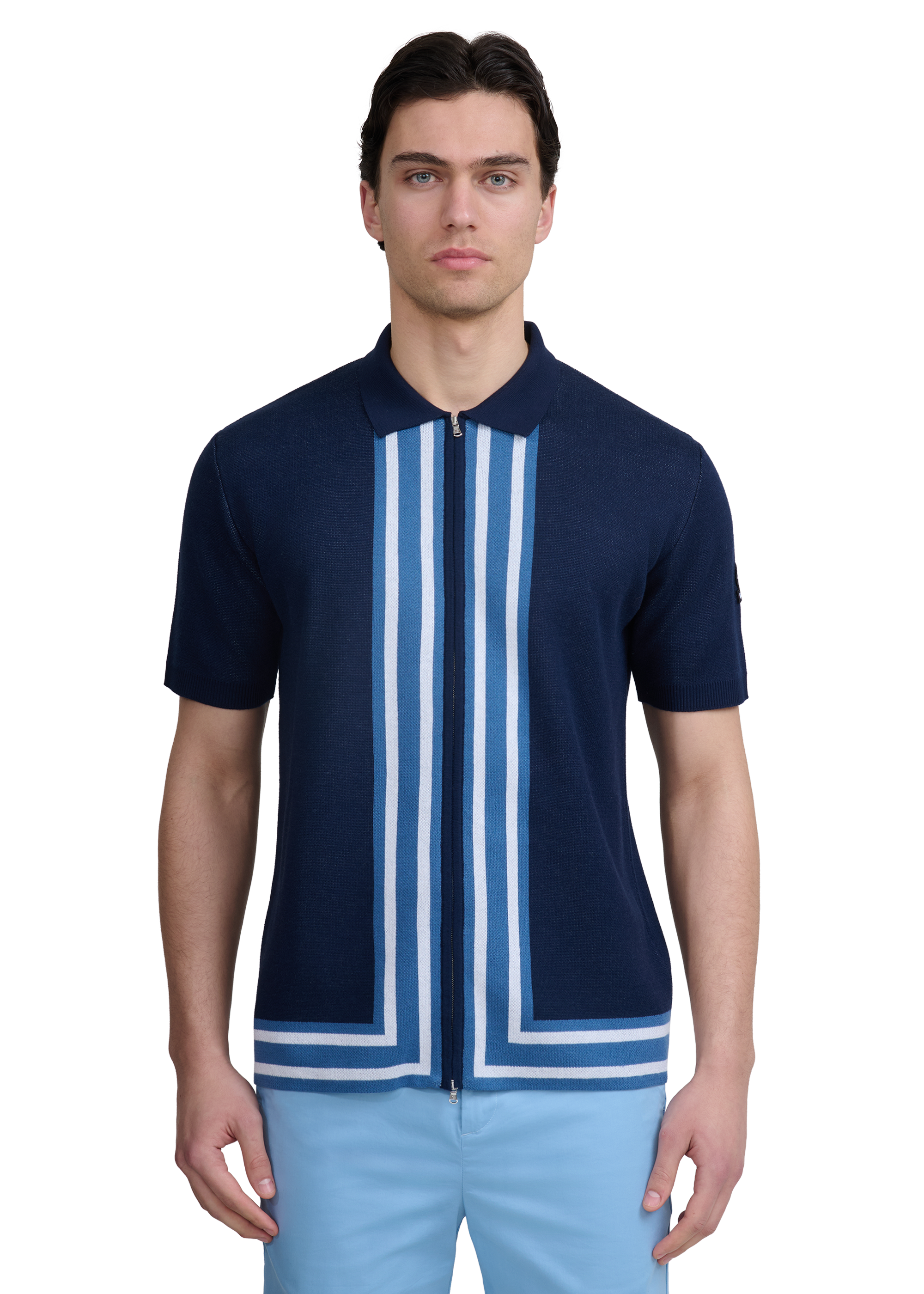 Stripe Zip Knitted Polo Shirt - Navy