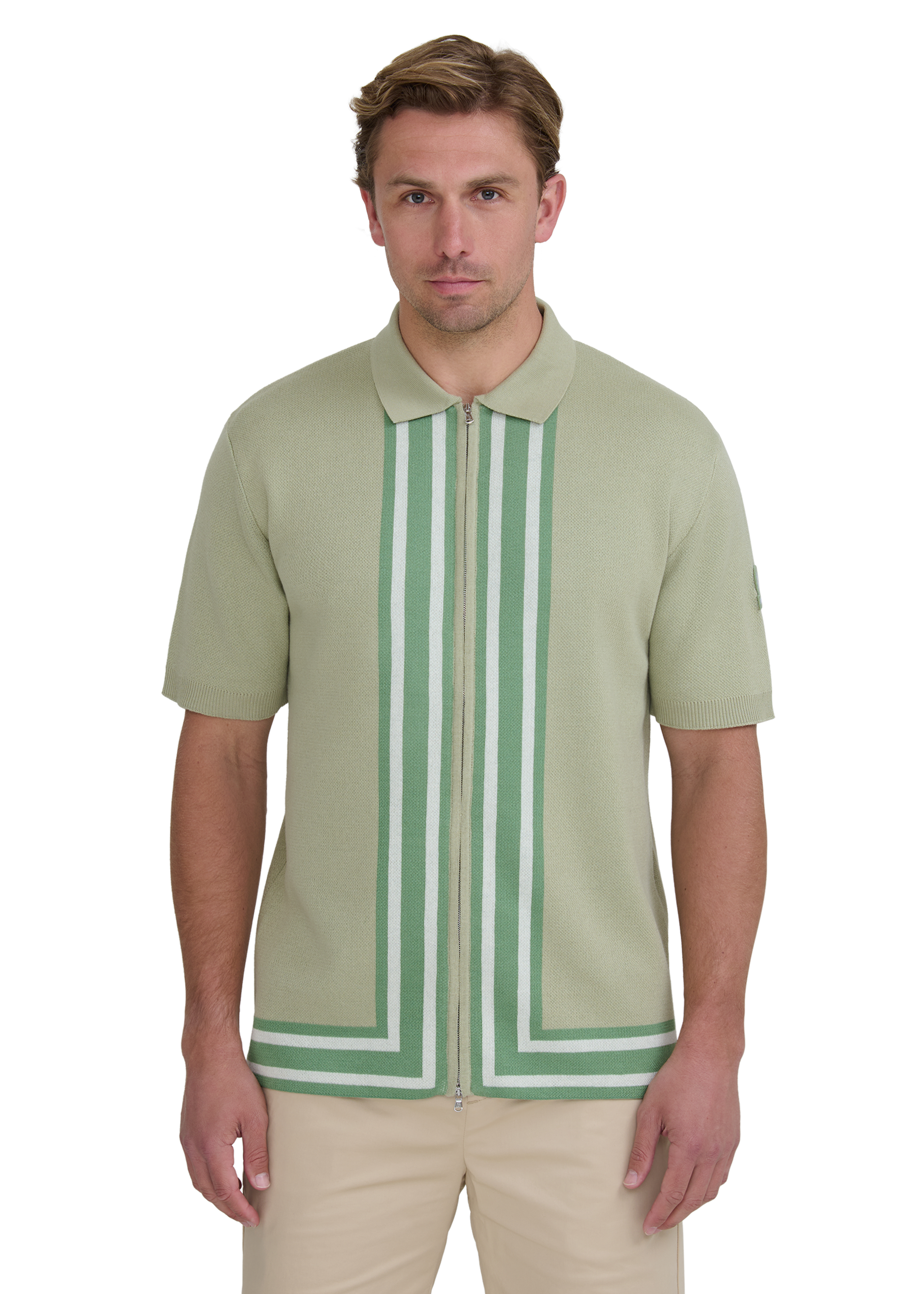 Stripe Zip Knitted Polo Shirt - Sage