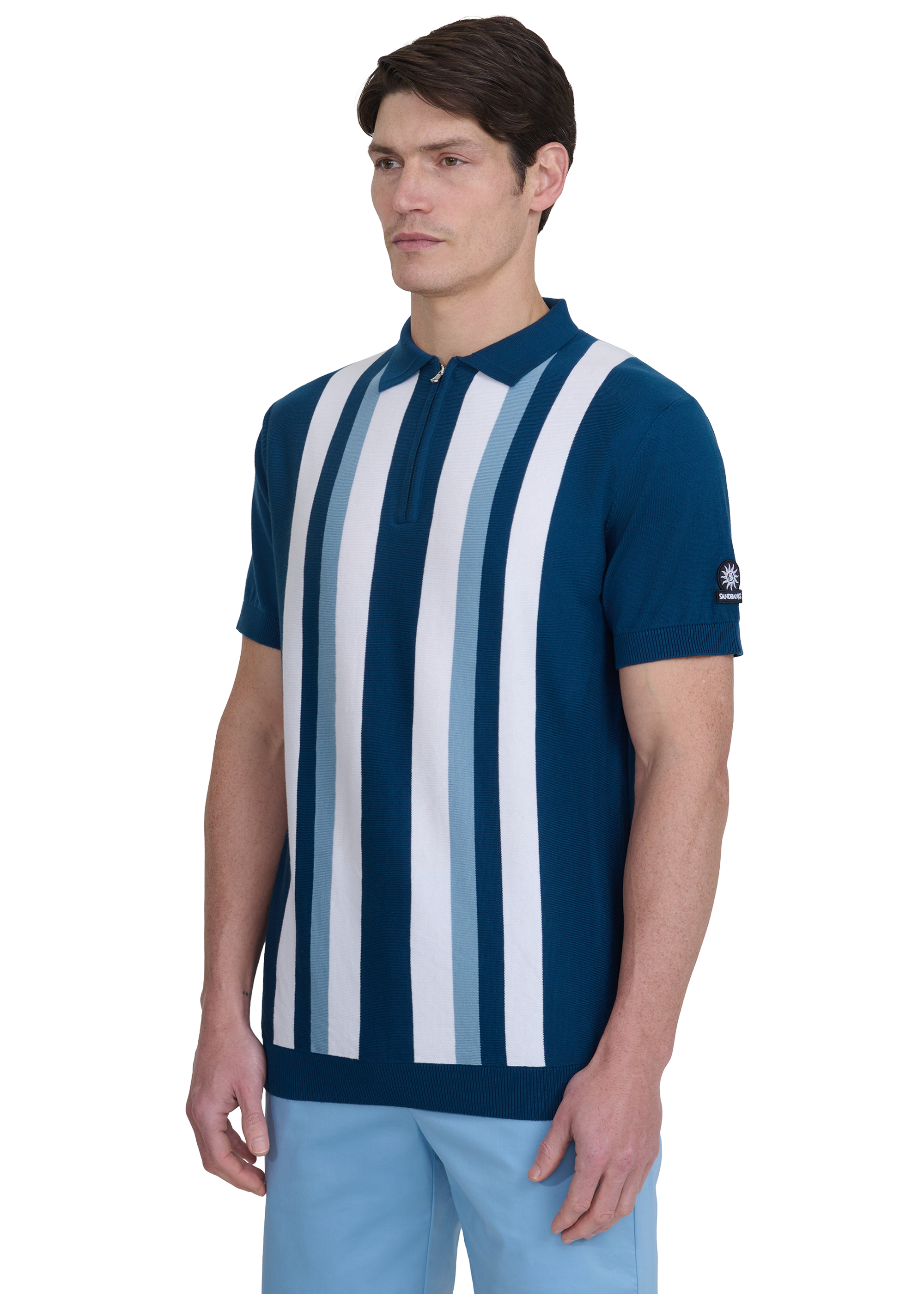 Vertical Stripe Zip Polo Shirt - Navy