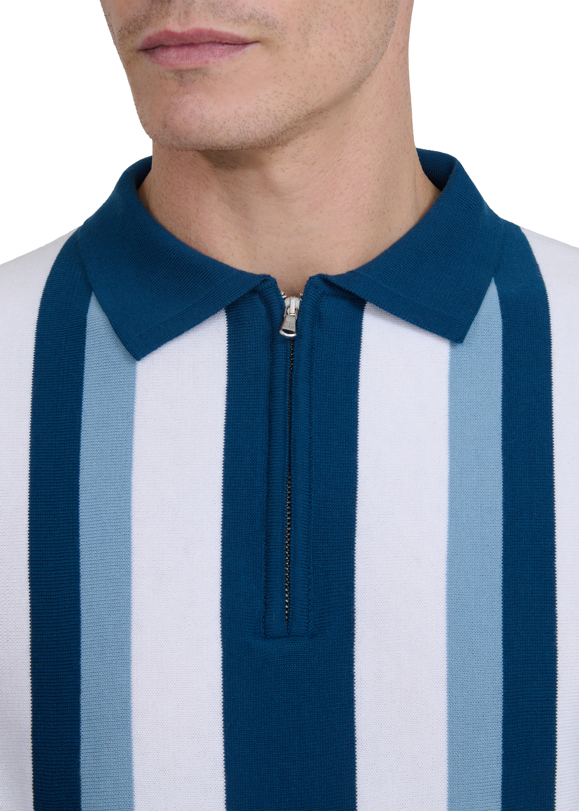Vertical Stripe Zip Polo Shirt - Navy
