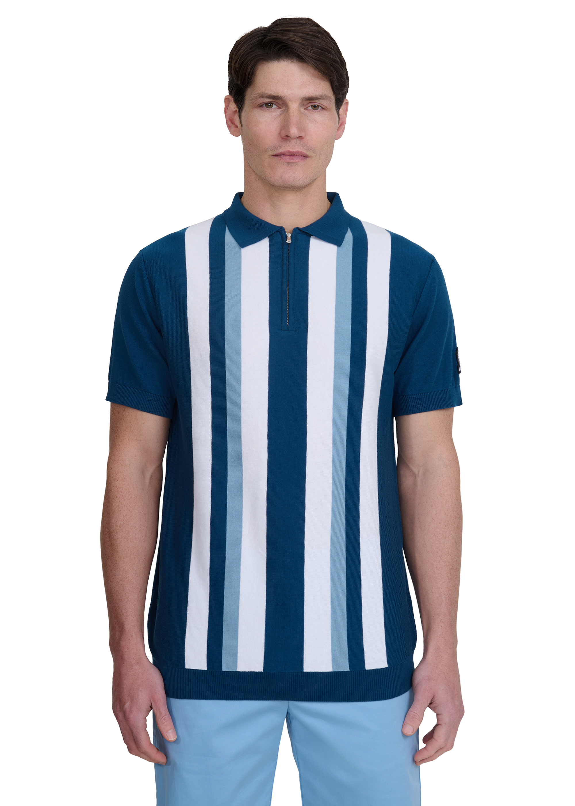 Vertical Stripe Zip Polo Shirt - Navy