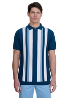 Vertical Stripe Zip Polo Shirt - Navy