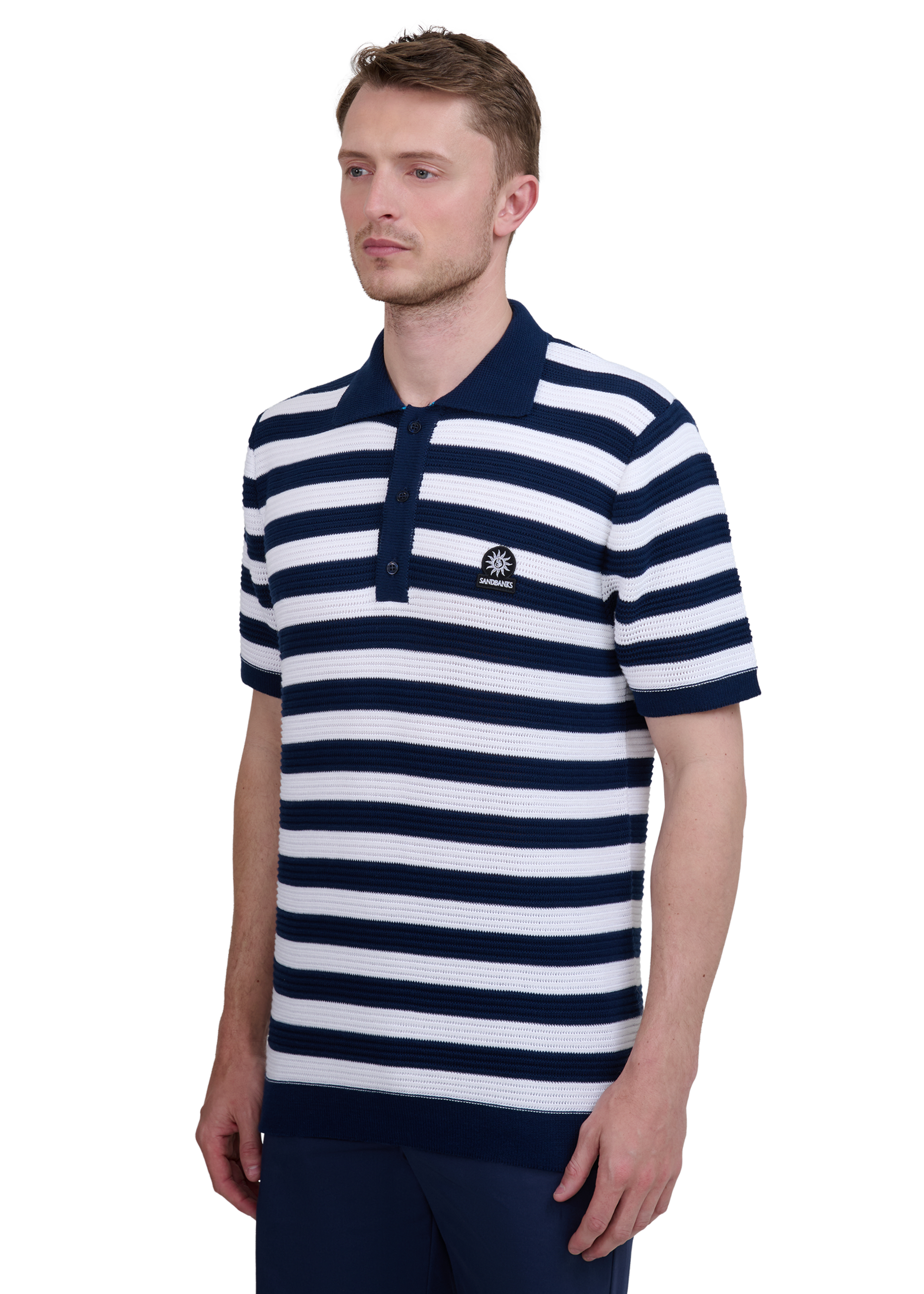 Stripe Texture Knitted Polo Shirt - Navy