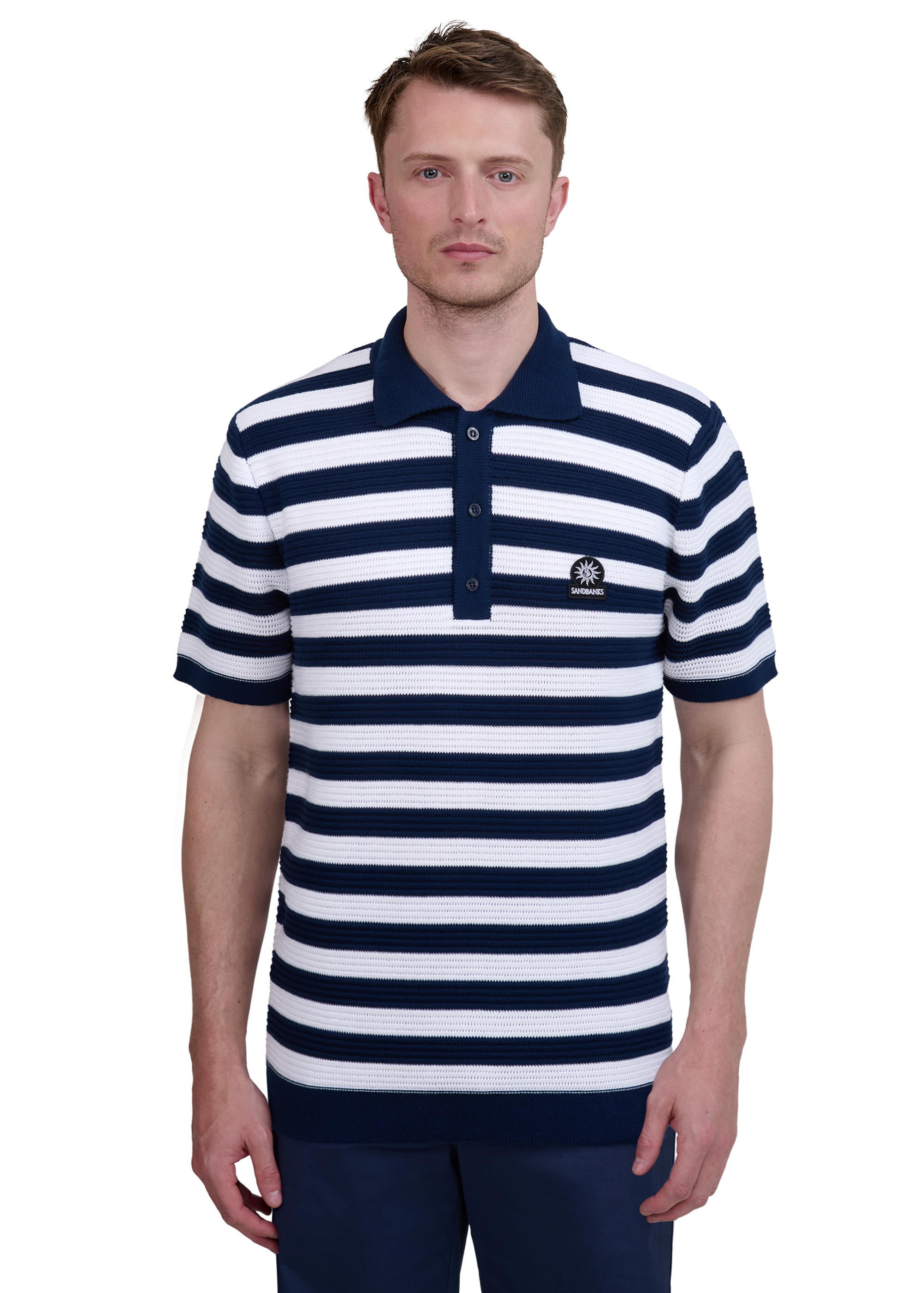 Stripe Texture Knitted Polo Shirt - Navy