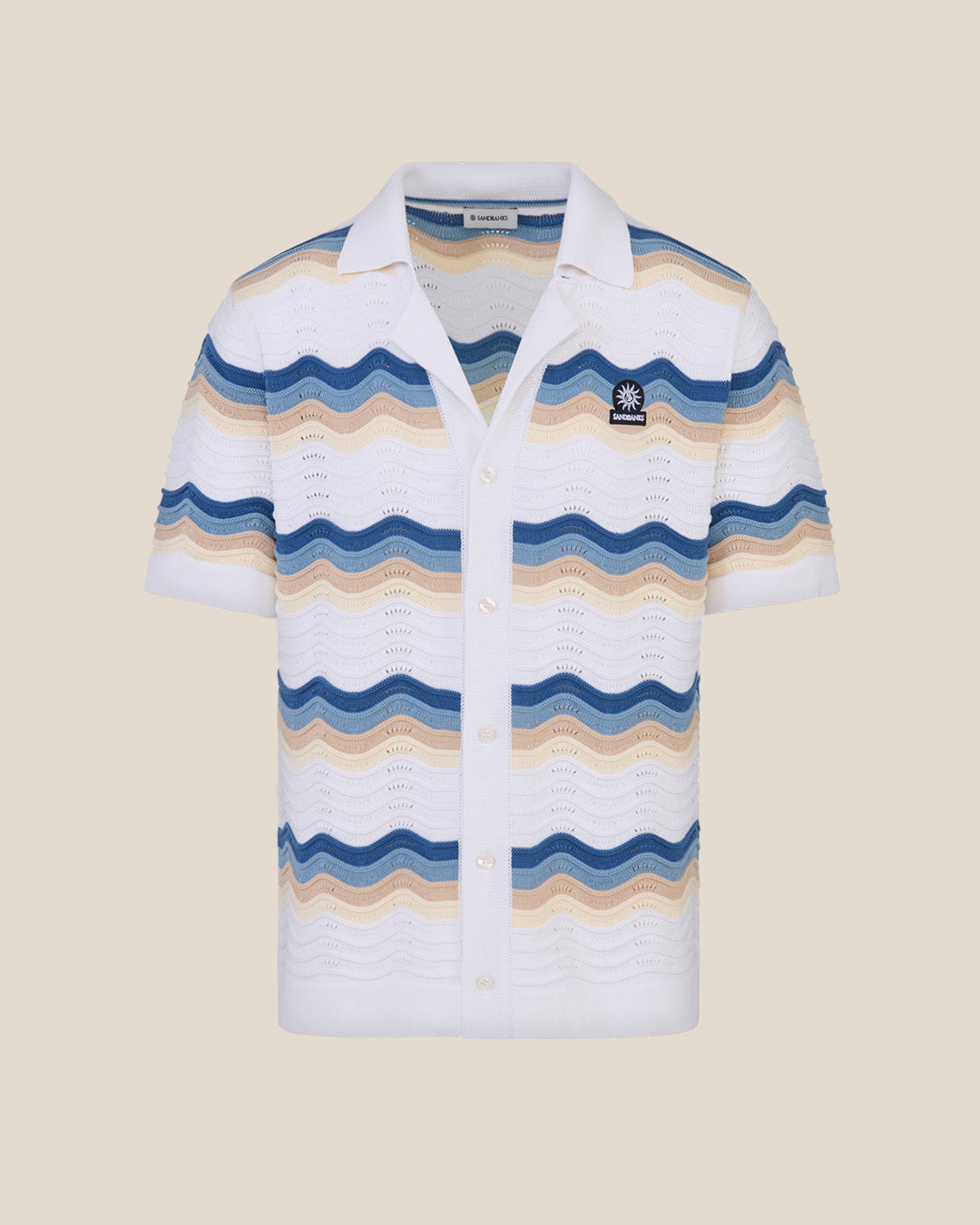 Striped polo shirt with a brand logo on a beige background