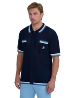 Crochet Stripe Knitted Polo Shirt - Navy