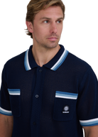 Crochet Stripe Knitted Polo Shirt - Navy
