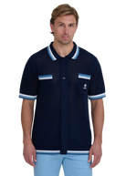 Crochet Stripe Knitted Polo Shirt - Navy
