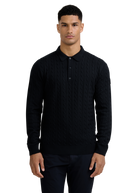 Merino Wool Cable Knit Polo Shirt - Black