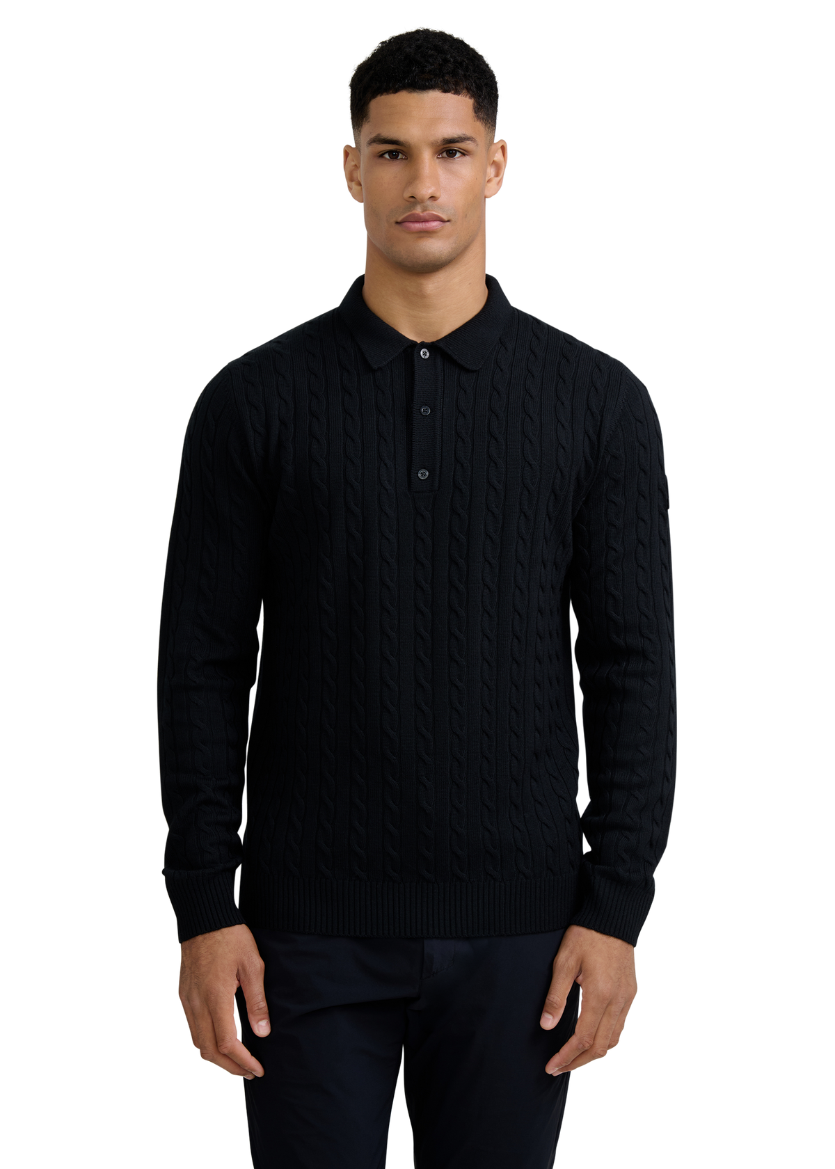 Merino Wool Cable Knit Polo Shirt - Black