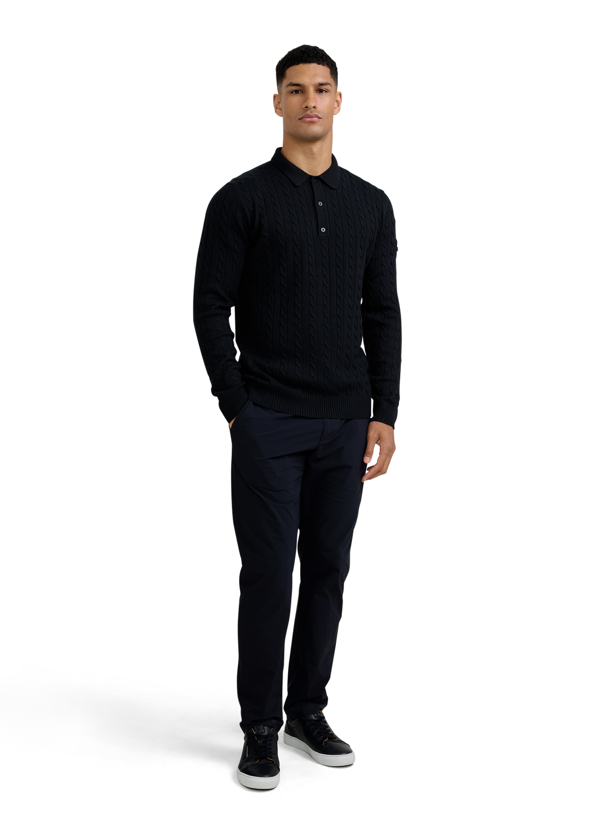 Merino Wool Cable Knit Polo Shirt - Black