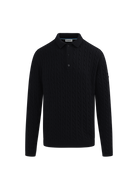 Merino Wool Cable Knit Polo Shirt - Black